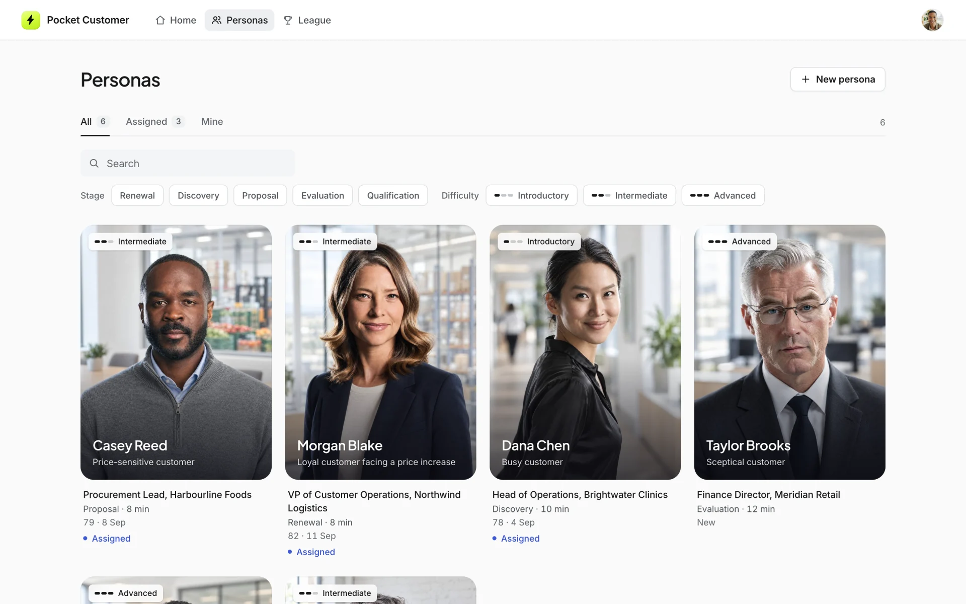 The customer library: AI customers built for this company, each with a portrait, a situation and a level.